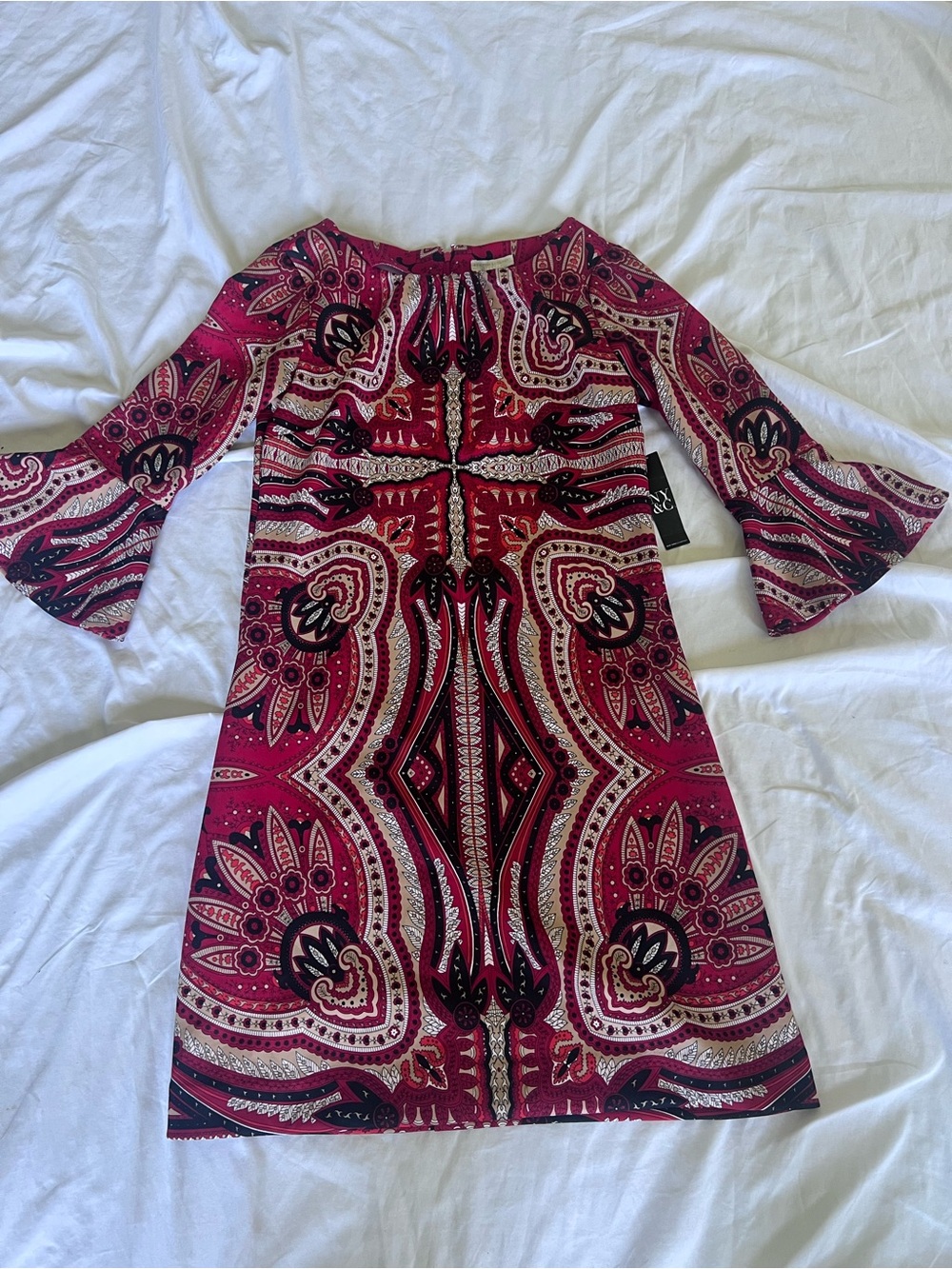 New York & Company Red Paisley Mini Dress with Bell Sleeves